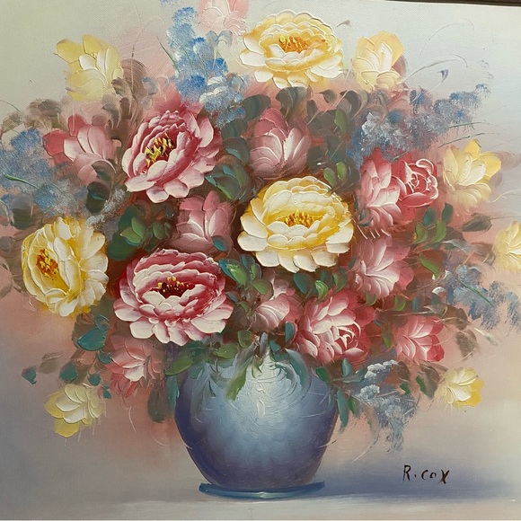 Robert Cox Still Life Oil 16x20 Canvas Painting Pink Yellow Floral Framed 18x22 - Picture 2 of 8